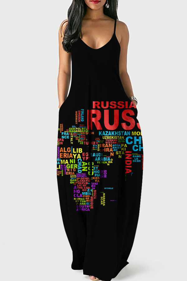 Black Sexy Graphic Print Floor Length Backless Sleeveless African Style Loose Cami Maxi Dress