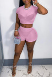 Pink Sexy Solid Patchwork See-through O Neck Short Sleeve Two Pieces
