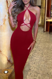 Red Fashion Sexy Solid Hollowed Out Backless Halter Long Dress