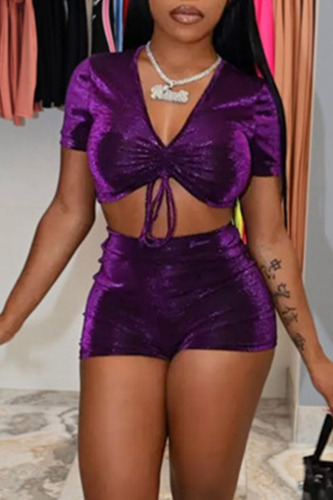 Purple Sexy Solid Patchwork Draw String Fold V Neck Short Sleeve Two Pieces