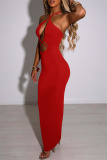 Red Fashion Sexy Solid Hollowed Out Backless Halter Long Dress