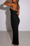 Black Fashion Sexy Solid Hollowed Out Backless Halter Long Dress