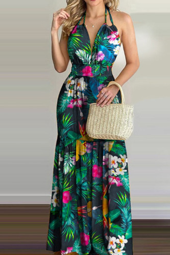 Colour Sexy Print Patchwork Backless Halter Straight Dresses