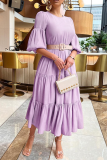 Apricot Casual Solid Patchwork O Neck Waist Skirt Dresses