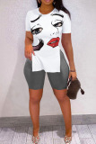 White Fashion Casual Print Slit O Neck Short Sleeve Two Pieces