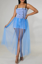 Blue Casual Solid Patchwork Buckle See-through Spaghetti Strap Dresses