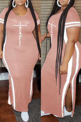Pink Fashion Casual Plus Size Print Slit O Neck Short Sleeve Dress