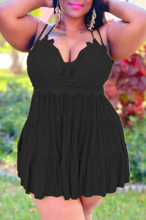 Black Fashion Sexy Solid Lace Backless Fold V Neck Sling Dress Plus Size Dresses