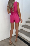 Rose Red Casual Solid Patchwork V Neck Straight Rompers