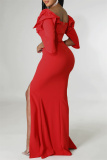 Red Fashion Sexy Solid Patchwork Slit Off the Shoulder Evening Dress