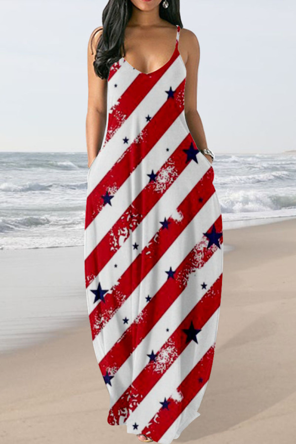Red White Sexy American Flag Stars Print Floor Length Backless Sleeveless Long Loose Cami Maxi Dress