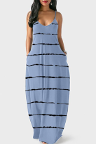 Light Blue Casual Print Patchwork Spaghetti Strap Printed Dress Plus Size Dresses
