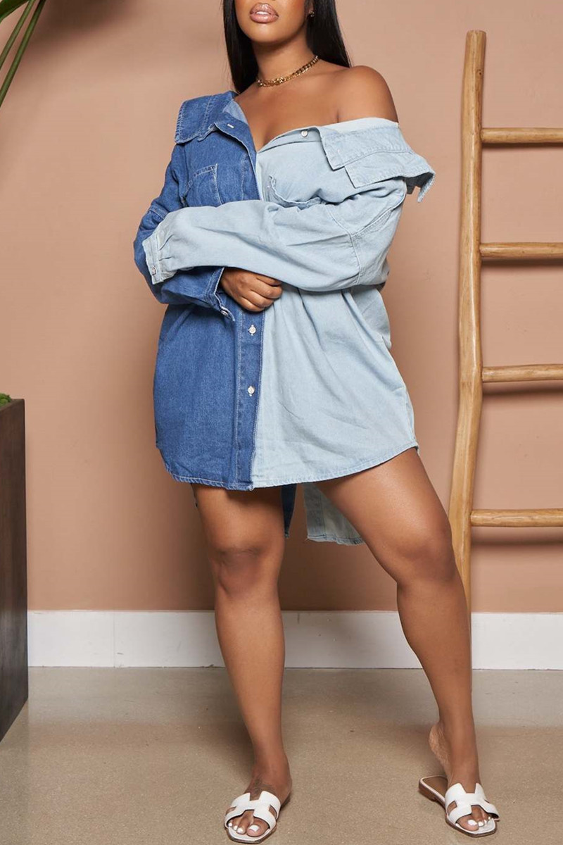 Blue turndown collar dress main image 1