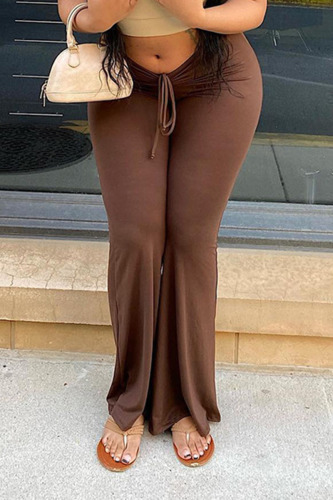 Coffee Casual Solid Patchwork Plus Size 