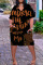 Black Brown Fashion Casual Print Basic V Neck Short Sleeve Dress