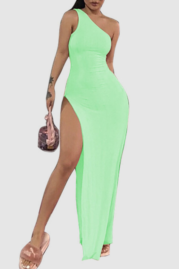 Light Green Sexy Solid Patchwork High Opening Oblique Collar Dresses