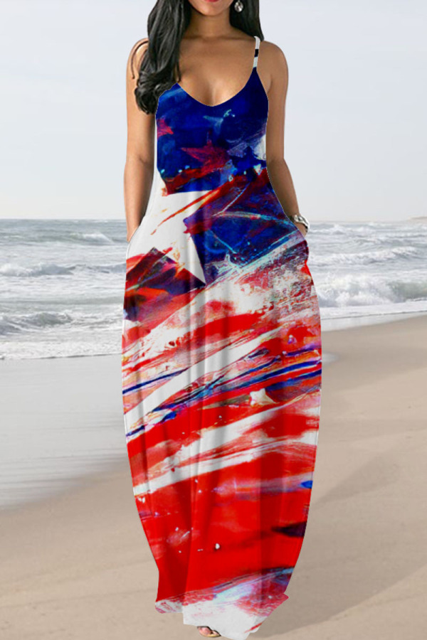 Blue Red Sexy American Flag Stars Print Floor Length Backless Sleeveless Long Loose Cami Maxi Dress