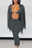 Dark Gray Casual Solid Patchwork Buckle Slit V Neck Long Sleeve Two Pieces