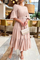 Apricot Casual Solid Patchwork O Neck Waist Skirt Dresses