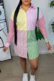 Colour Fashion Casual Striped Print Patchwork Turndown Collar Shirt Dress