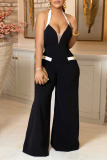 Black Casual Solid Patchwork Backless Halter Straight Jumpsuits