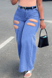 Medium Blue Casual Street Solid Ripped Patchwork High Waist Straight Denim Jeans
