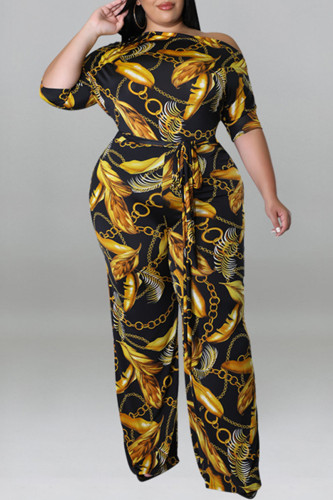 Yellow Fashion Casual Print Basic Oblique Collar Plus Size Jumpsuits
