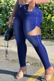 Medium Blue Fashion Casual Solid Ripped High Waist Skinny Denim Jeans