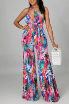 Colour Sexy Print Hollowed Out Patchwork Backless Halter Straight Jumpsuits