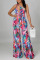 Colour Sexy Print Hollowed Out Patchwork Backless Halter Straight Jumpsuits