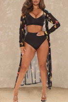 Black Sexy Print Patchwork Swimwears Three Pieces