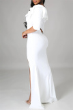 White Fashion Sexy Solid Patchwork Slit Off the Shoulder Evening Dress