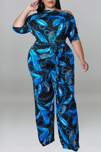 Blue Fashion Casual Print Basic Oblique Collar Plus Size Jumpsuits