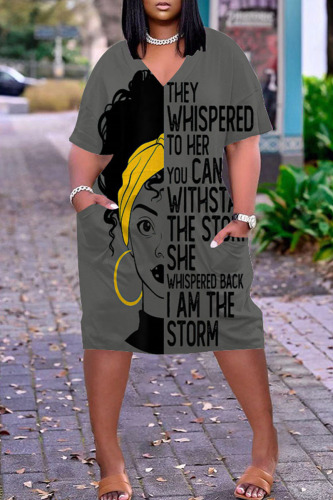 Dark Gray Fashion Casual Print Basic V Neck Short Sleeve Dress