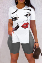 White Fashion Casual Print Slit O Neck Short Sleeve Two Pieces
