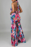 Colour Sexy Print Hollowed Out Patchwork Backless Halter Straight Jumpsuits