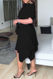 Black Fashion Casual Solid Patchwork Asymmetrical O Neck Short Sleeve Dress