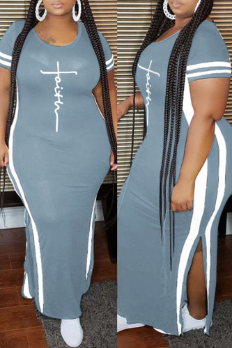 Grey Fashion Casual Plus Size Print Slit O Neck Short Sleeve Dress