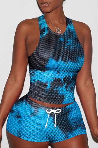 Blue Casual Print Patchwork O Neck Sleeveless Two Pieces