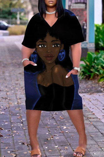 Blue Black Fashion Casual Print Basic V Neck Short Sleeve Dress