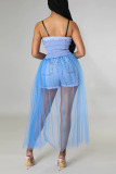 Blue Casual Solid Patchwork Buckle See-through Spaghetti Strap Dresses