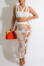 White Sexy Solid Hollowed Out Patchwork See-through Spaghetti Strap Sleeveless Two Pieces
