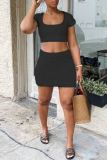 Black Fashion Sexy Solid Bandage Hollowed Out Backless Square Collar Short Sleeve Two Pieces