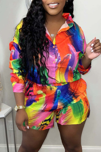 Colour Casual Print Patchwork Buckle Turndown Collar Long Sleeve Two Pieces