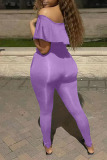 Purple Sexy Solid Ripped Patchwork Flounce Off the Shoulder Regular Jumpsuits