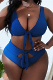 Black Sexy Solid Hollowed Out Backless V Neck Plus Size Swimwear