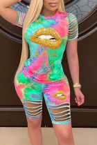 Green Fashion adult Ma'am OL Print Hole Tie Dye Two Piece Suits pencil Short Sleeve Two Pieces