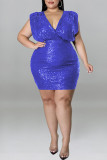 Blue Fashion Sexy Plus Size Patchwork Sequins Backless V Neck Sleeveless Dress