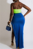 Blue Fashion Sexy Solid Backless Slit Strapless Sleeveless Two Pieces