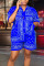 Deep Blue Casual Print Patchwork Buckle Turndown Collar Short Sleeve Two Pieces